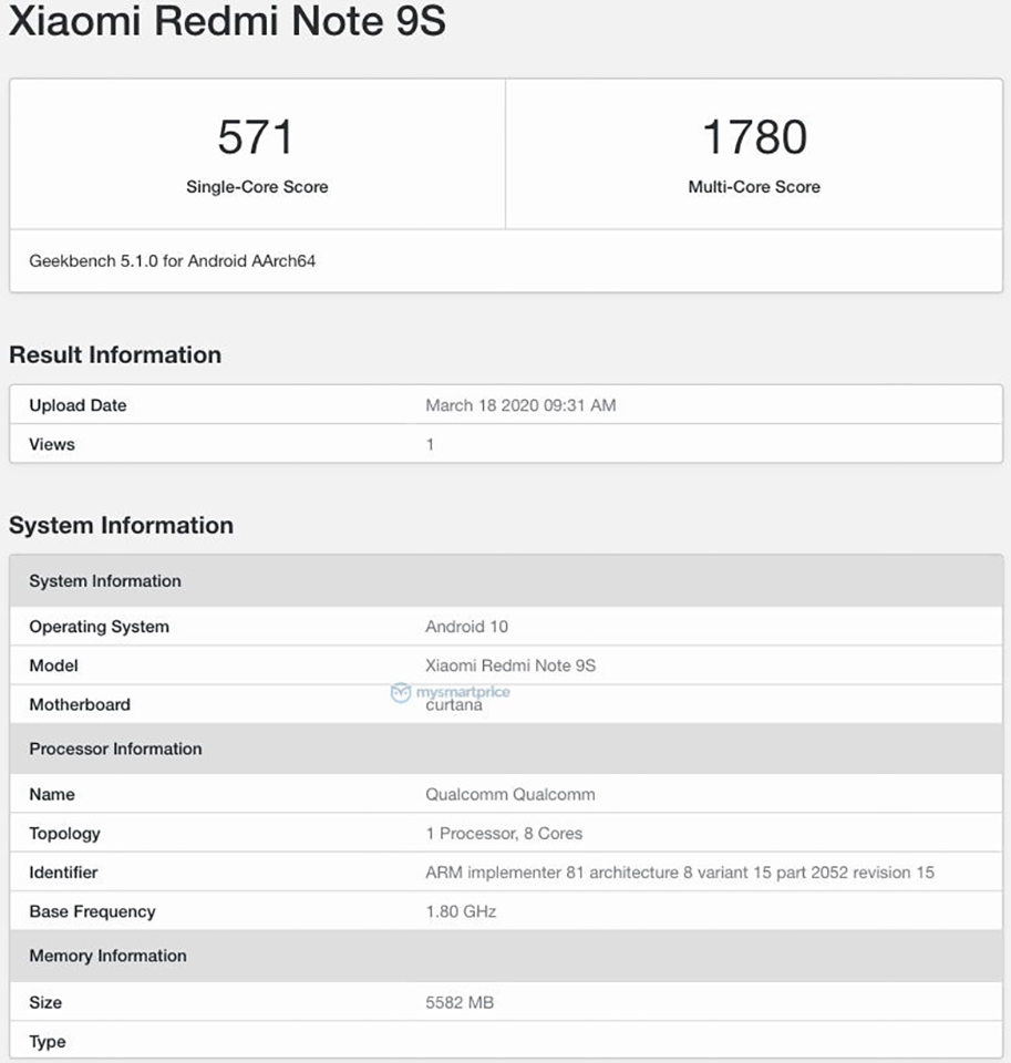 Redmi Note 9S xuất hiện trên Geekbench