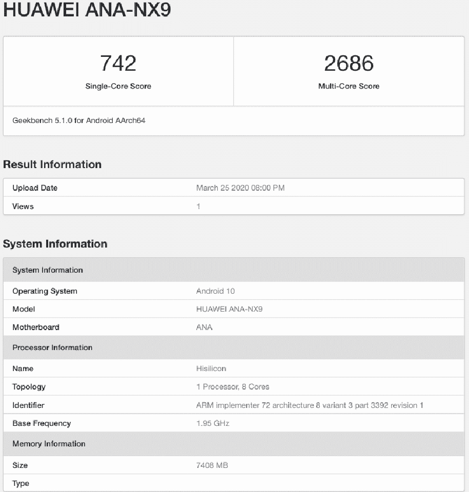 Huawei P40 lộ cấu hình trên Geekbench Huawei P40 lộ cấu hình trên Geekbench
