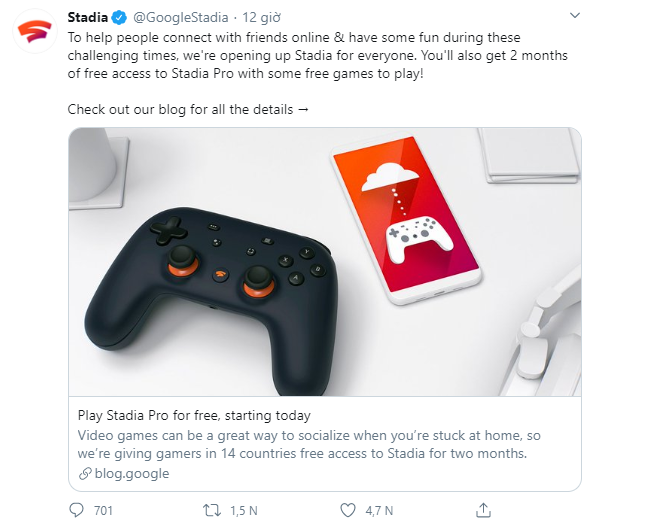 google miễn phí 2 tháng stadia pro