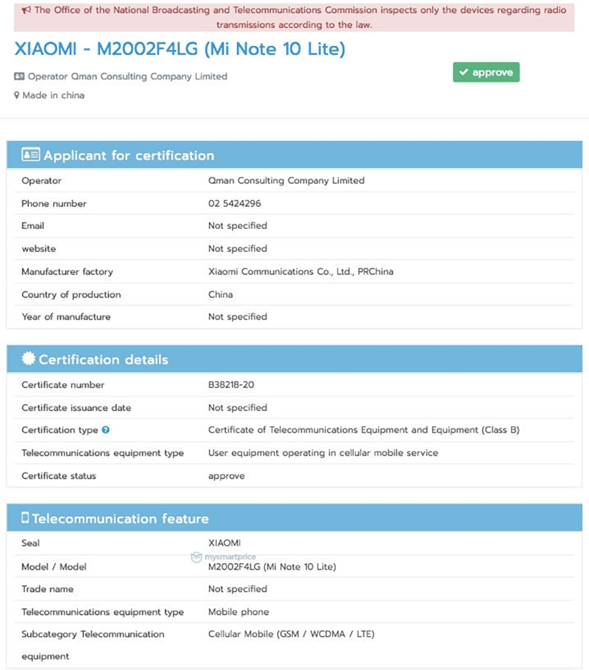 Xiaomi Mi Note 10 Lite được xác nhận bởi cơ quan chứng nhận NBTC