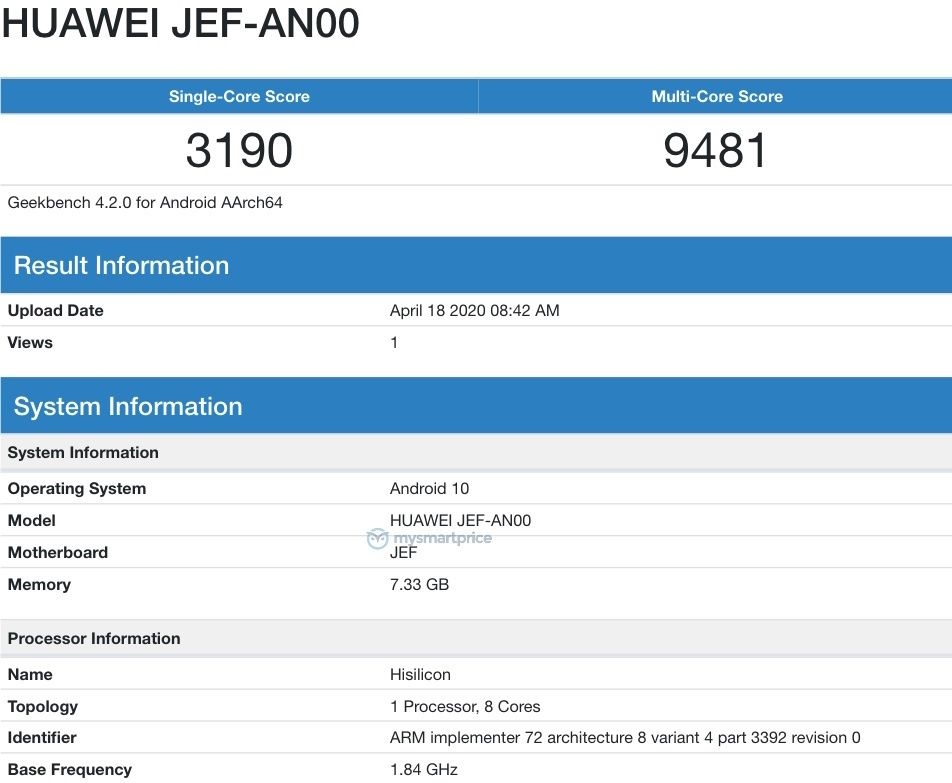 Huawei Nova 7 lộ cấu hình trên Geekbench Huawei Nova 7 lộ cấu hình trên Geekbench