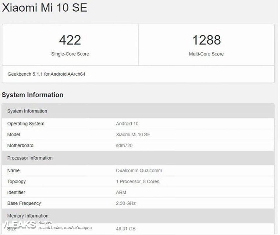 Xiaomi Mi10 SE xuất hiện trên Geekbench