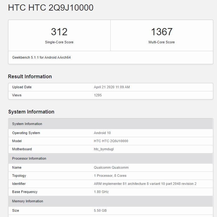 HTC Desire 20 Pro với thiết kế giống Xiaomi Mi 10 vừa có mặt trên Geekbench