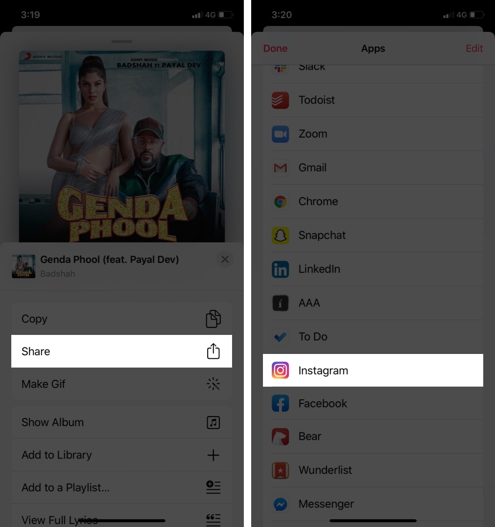chia sẻ apple music lên instagram
