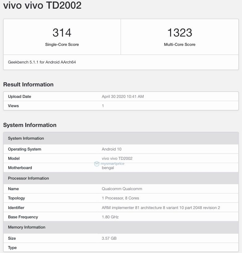 Vivo TD2002 xuất hiện trên Geekbench Vivo TD2002 xuất hiện trên Geekbench