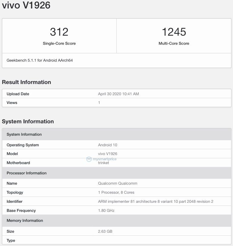 Vivo V1926 xuất hiện trên Geekbench Vivo V1926 xuất hiện trên Geekbench