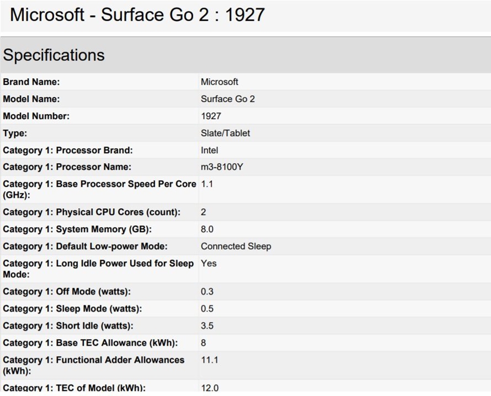 Thông số kỹ thuật chính của Surface Go 2 Thông số kỹ thuật chính của Surface Go 2