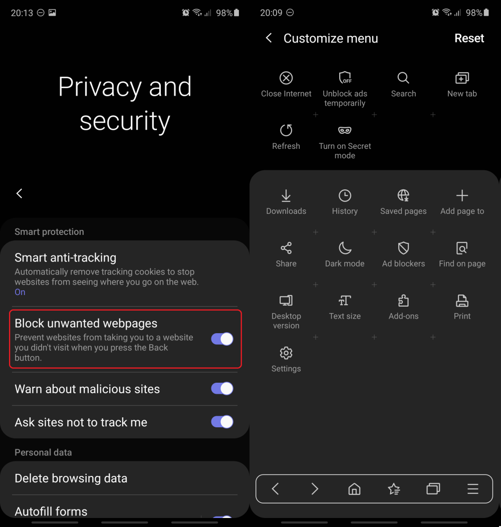 ￼￼Samsung Internet hỗ trợ tăng cường tính riêng tư và đa dạng tùy chỉnh mới