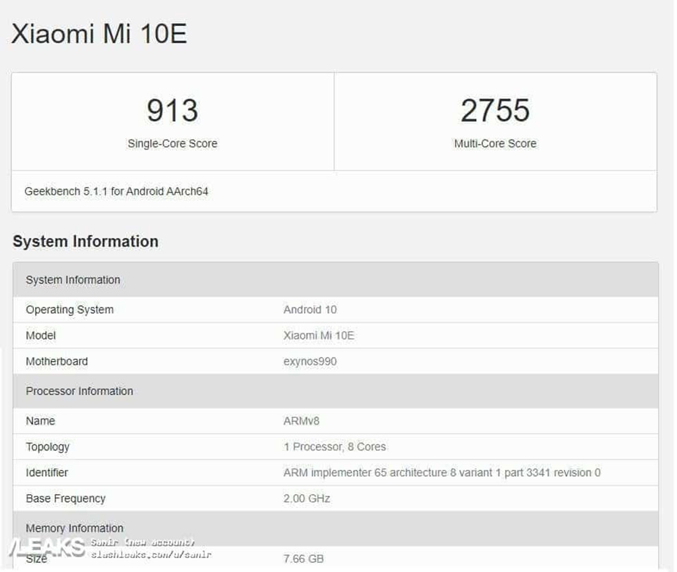 Xiaomi Mi 10e xuất hiện trên Geekbench Xiaomi Mi 10e xuất hiện trên Geekbench