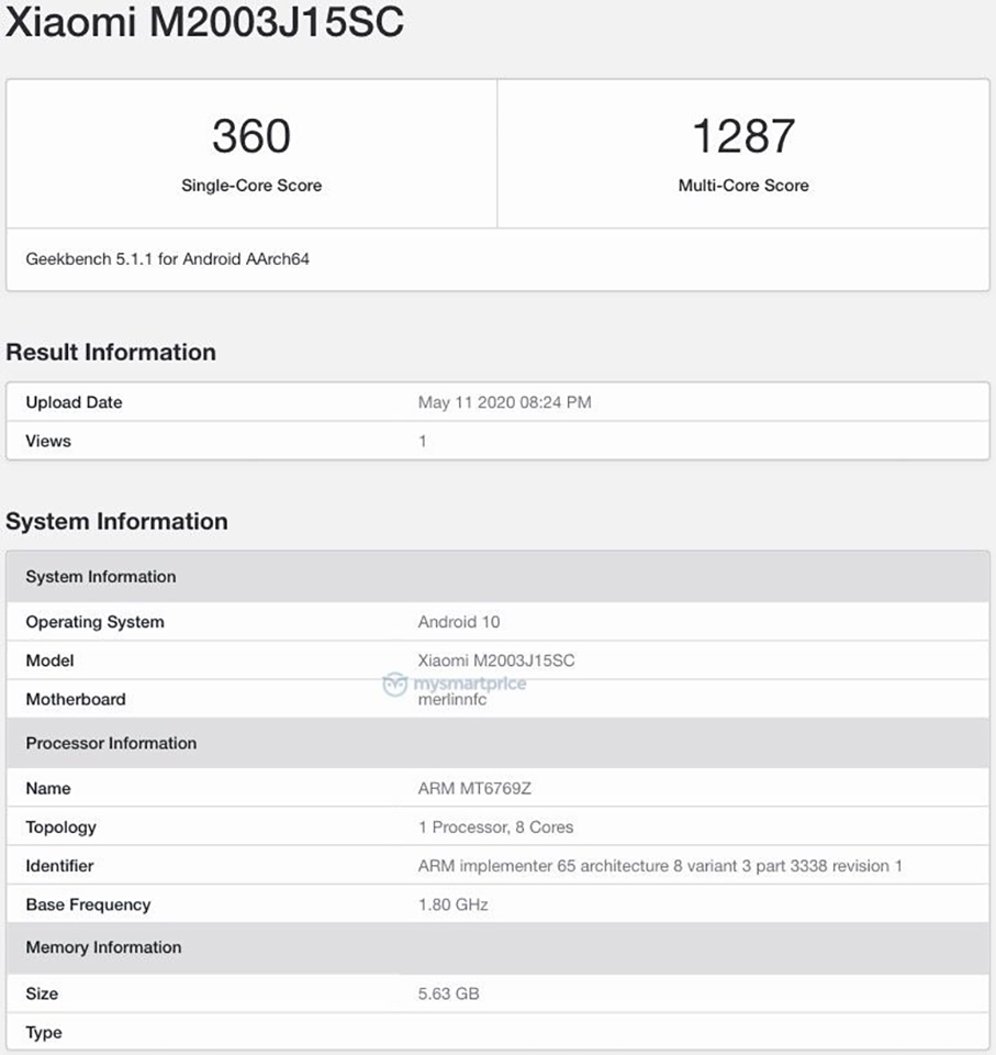Redmi 10X lộ cấu hình trên Geekbench Redmi 10X lộ cấu hình trên Geekbench