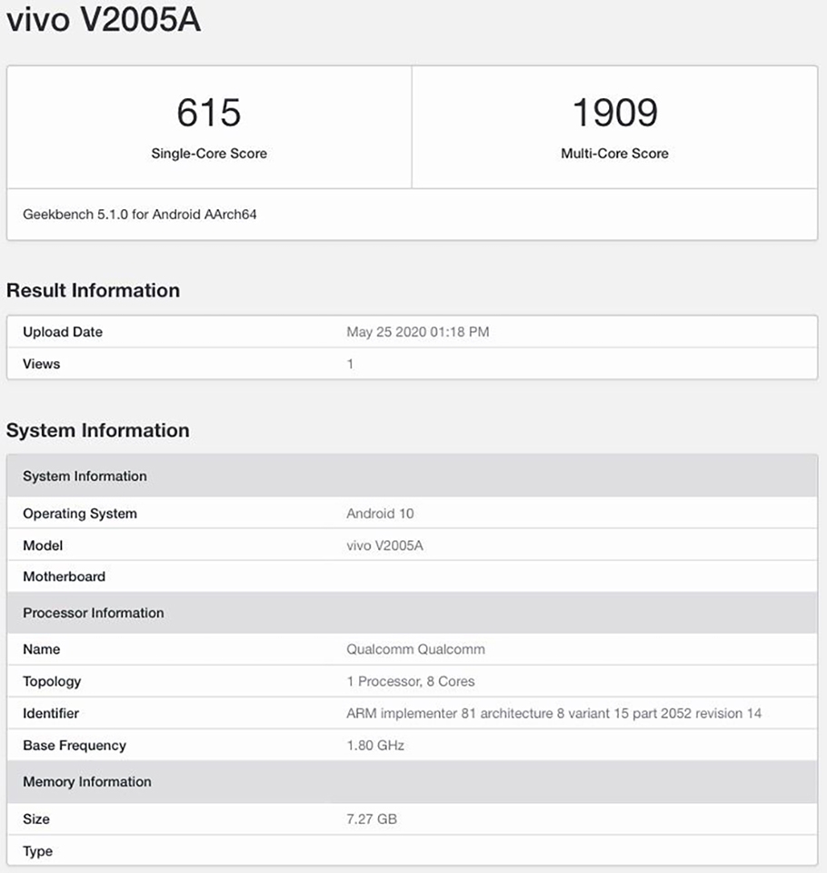Vivo X50 lộ cấu hình trên Geekbench Vivo X50 lộ cấu hình trên Geekbench