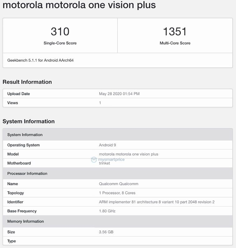 Motorola One Vision Plus lộ cấu hình trên Geekbench Motorola One Vision Plus lộ cấu hình trên Geekbench