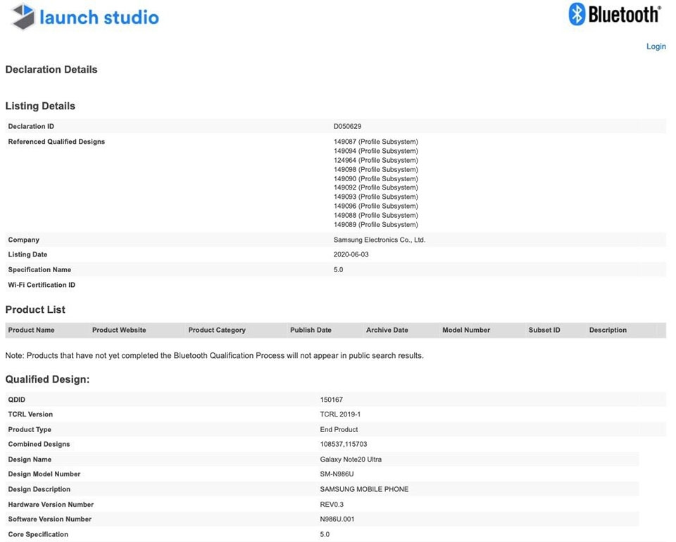 Galaxy Note 20 Ultra đạt chứng nhận Bluetooth SIG