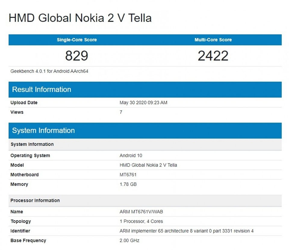 Nokia 2V Tella lộ cấu hình trên Geekbench Nokia 2V Tella lộ cấu hình trên Geekbench