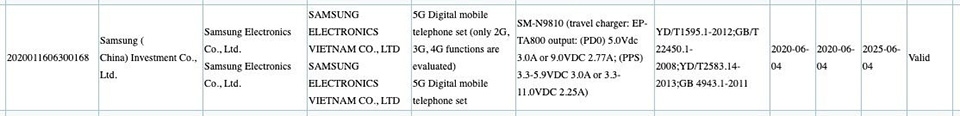Galaxy Note 20 đạt chứng nhận 3C
