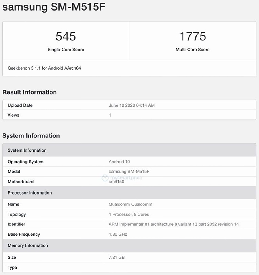 Galaxy M51 lộ cấu hình trên Geekbench Galaxy M51 lộ cấu hình trên Geekbench