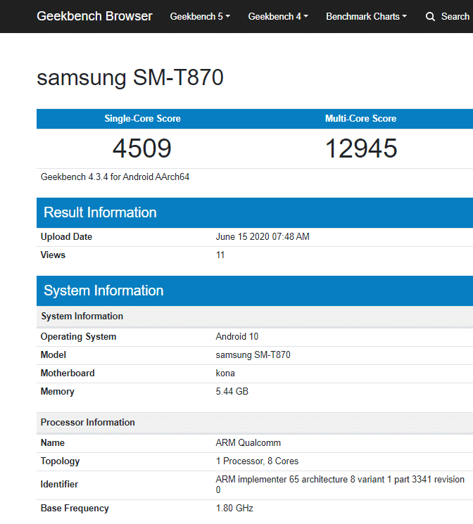 Galaxy Tab S7 xuất hiện trên Geekbench Galaxy Tab S7 xuất hiện trên Geekbench