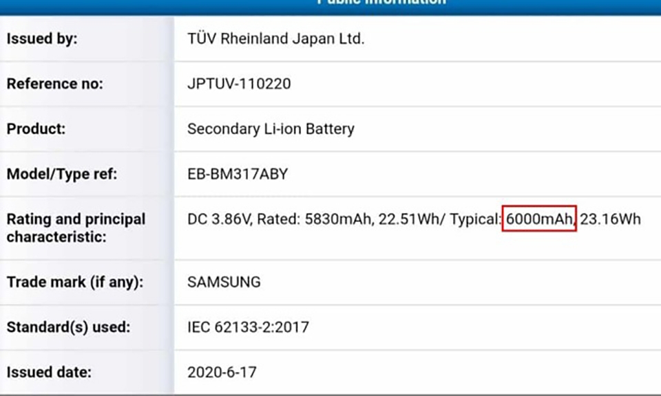 Galaxy M31s sẽ có pin 6000 mAh Galaxy M31s sẽ có pin 6000 mAh