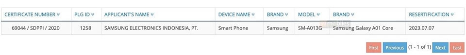 Galaxy A01 Core đạt chứng nhận
