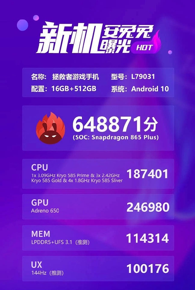 Lenovo Legion Gaming lộ diện trên AnTuTu, xác nhận dùng chip SD865+, RAM 16GB