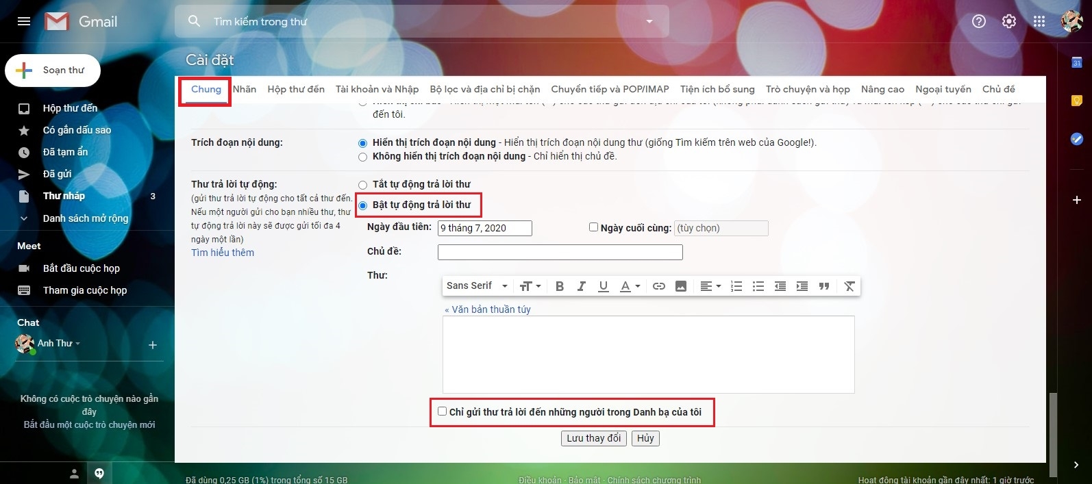 gmail thư trả lời tự động