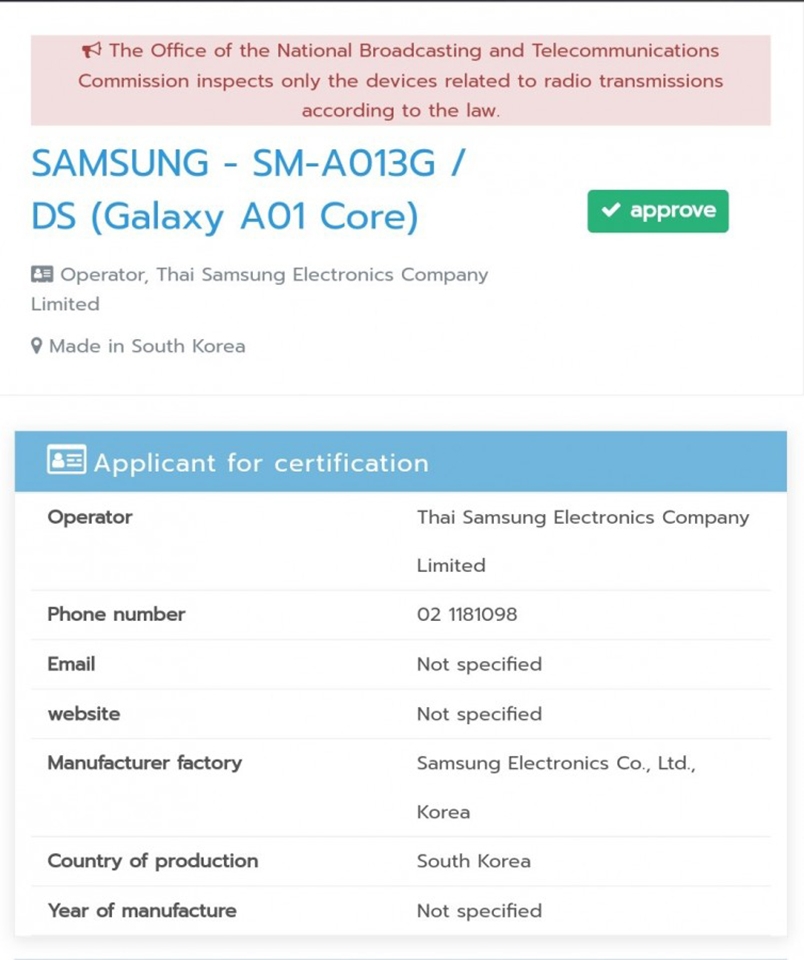 Galaxy A01 Core đạt chứng nhận NBTC