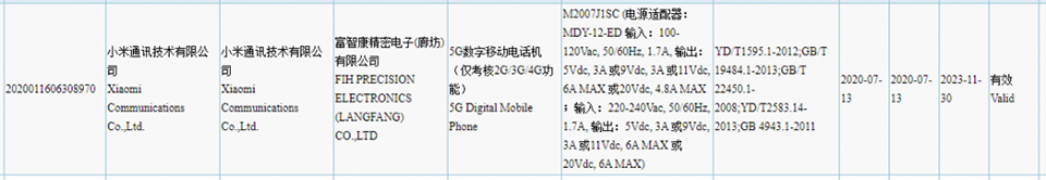 Xiaomi M2007J1SC đạt chứng nhận 3C
