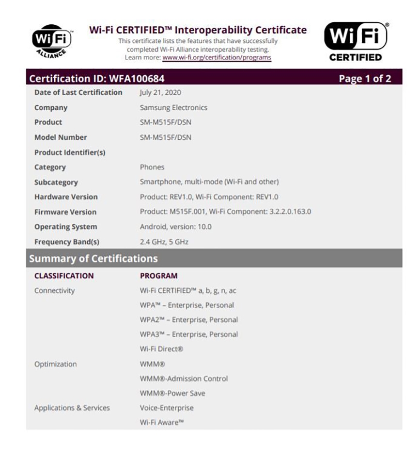 Galaxy M51 đạt chứng nhận Wi-Fi Alliance
