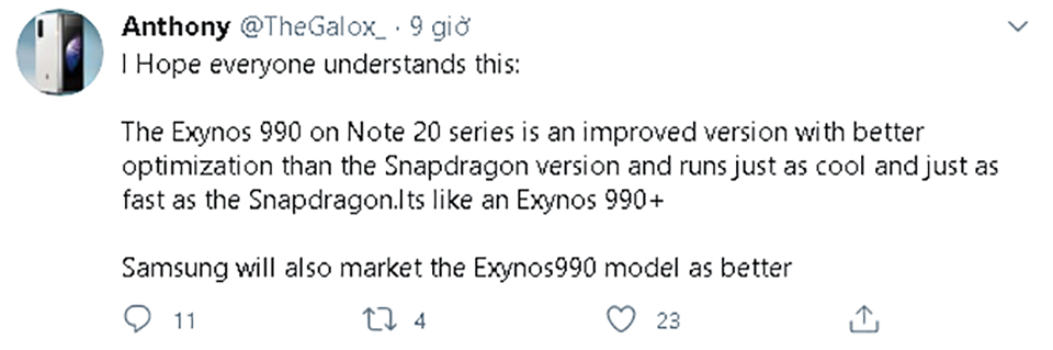 Exynos 990 trên Galaxy Note 20 sẽ có hiệu năng ngang ngửa Snapdragon 865+
