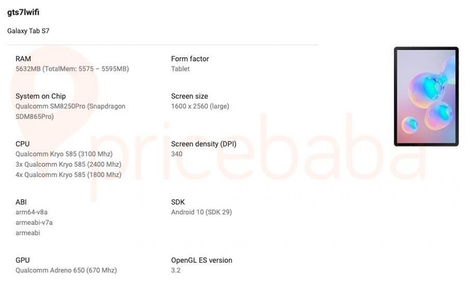 Thông số cấu hình Galaxy Tab S7 series được xác nhận (ảnh 2)