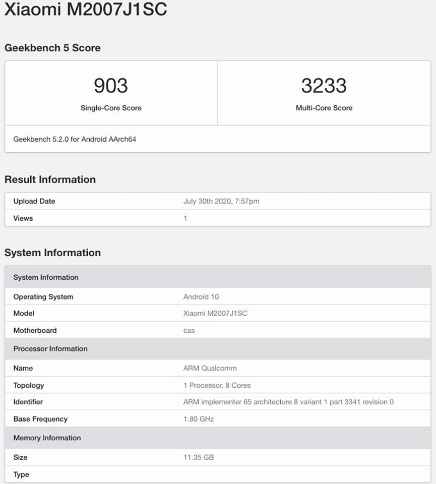Xiaomi Mi 10 Pro Plus lộ cấu hình trên Geekbench Xiaomi Mi 10 Pro Plus lộ cấu hình trên Geekbench