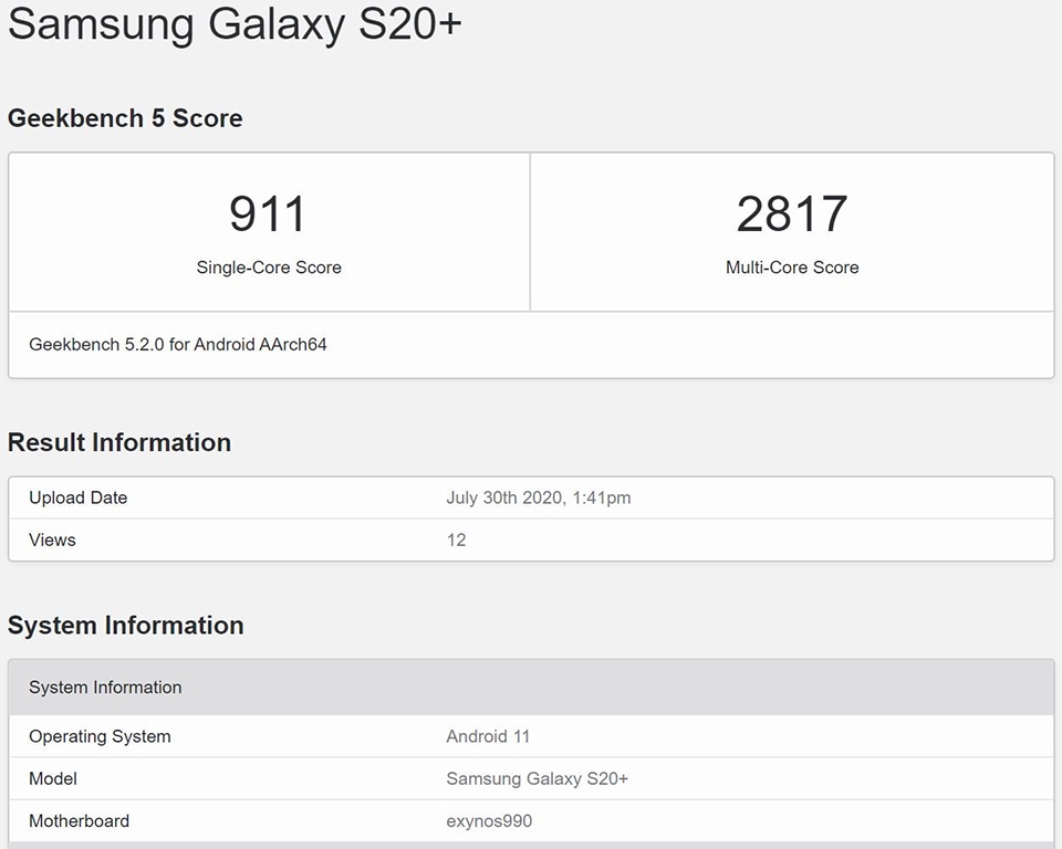 Galaxy S20+ xuất hiện trên Geekbench với Android 11