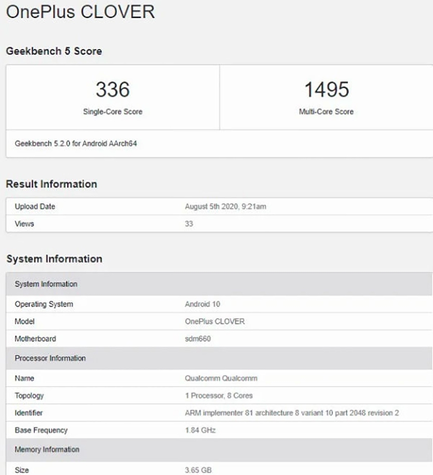 OnePlus Clover xuất hiện trên Geekbench