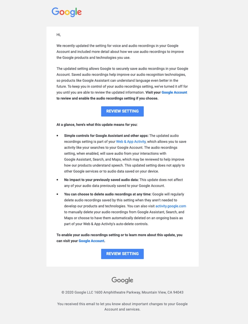 Google Assistant dừng việc lưu trữ các bản ghi âm theo mặc định