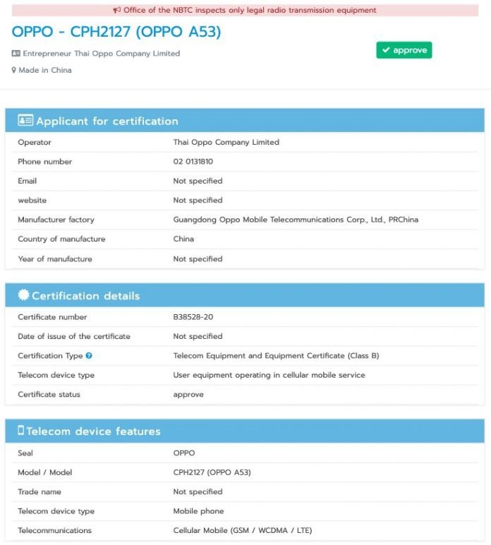 OPPO A53 với số model OPPO CPH2095 đã được chứng nhận NBTC