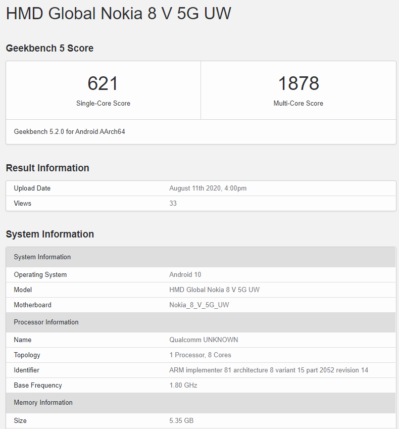 Nokia 8 V 5G UW - biến thể của Nokia 8.3 lộ điểm GeekBench Nokia 8 V 5G UW - biến thể của Nokia 8.3 lộ điểm GeekBench