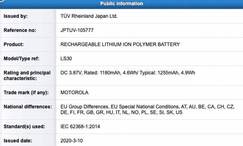 Motorola RAZR 2020 sẽ có pin 2,633 mAh (ảnh 2) Motorola RAZR 2020 sẽ có pin 2,633 mAh (ảnh 2)