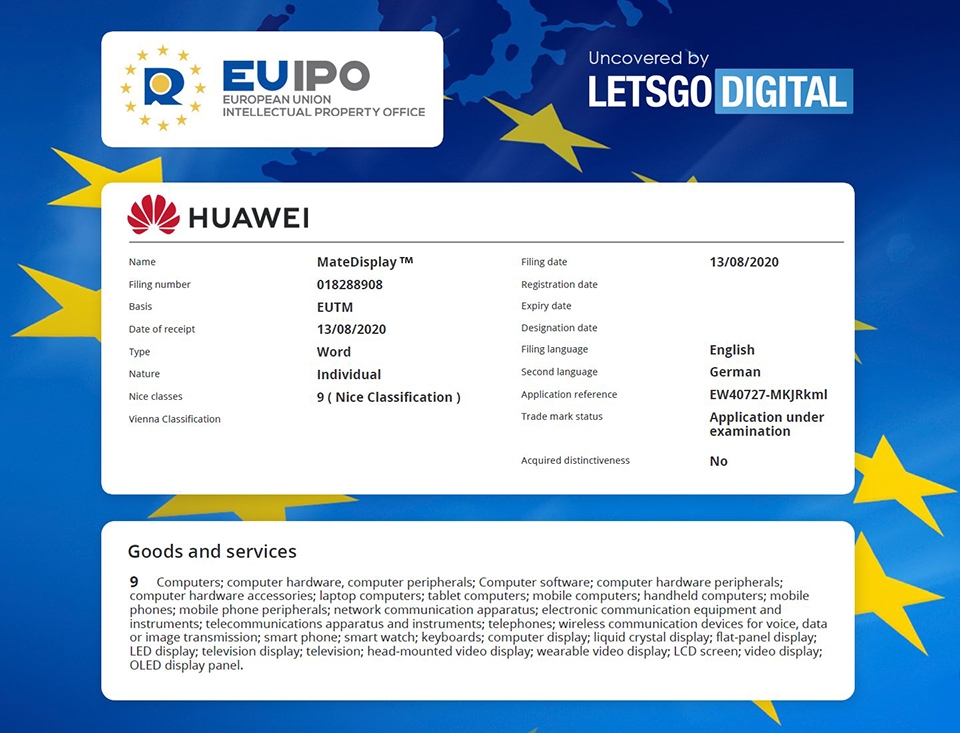 Huawei đăng ký nhãn hiệu MateDisplay và MateScreen (ảnh 1) Huawei đăng ký nhãn hiệu MateDisplay và MateScreen (ảnh 1)