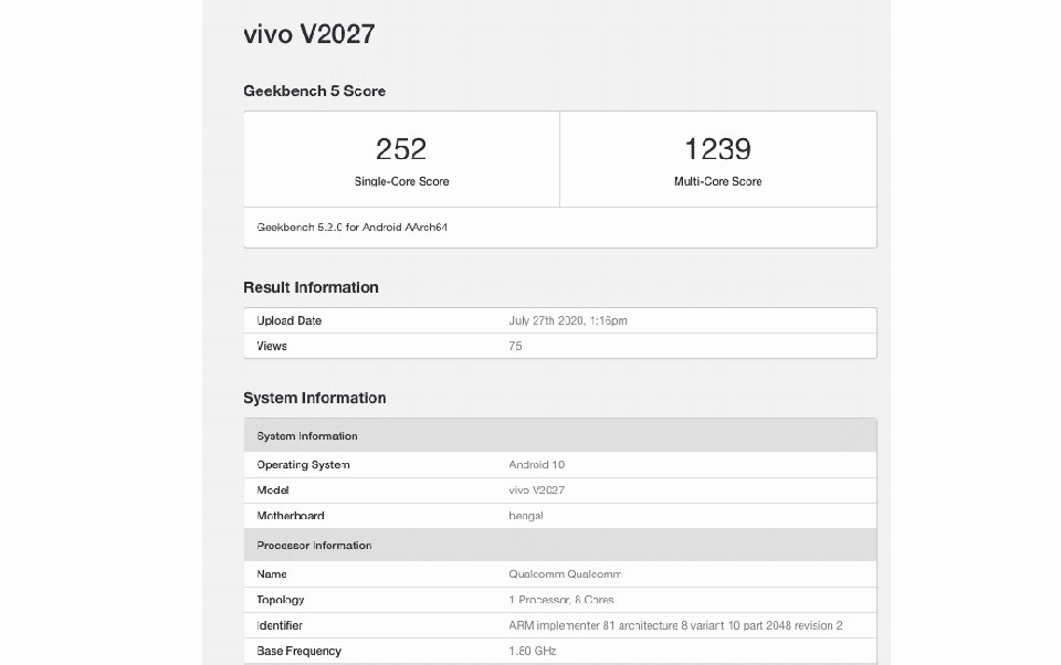 Dữ liệu Geekbench của Vivo Y20 Dữ liệu Geekbench của Vivo Y20