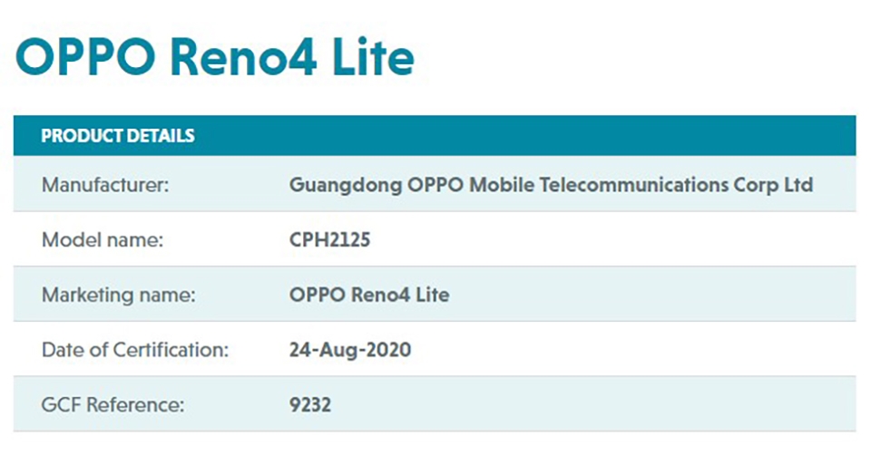OPPO Reno4 Lite đạt chứng nhận (ảnh 1) OPPO Reno4 Lite đạt chứng nhận (ảnh 1)