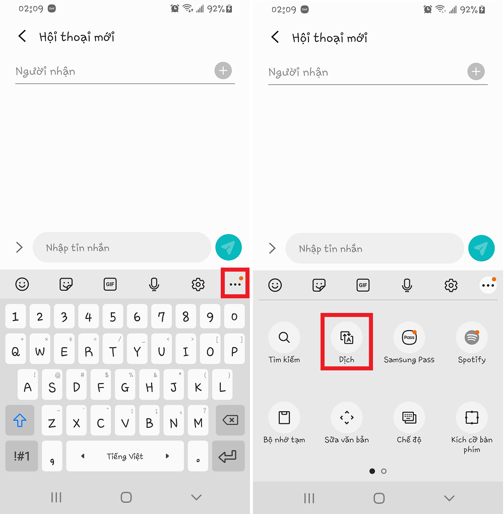 dịch trên bàn phím samsung