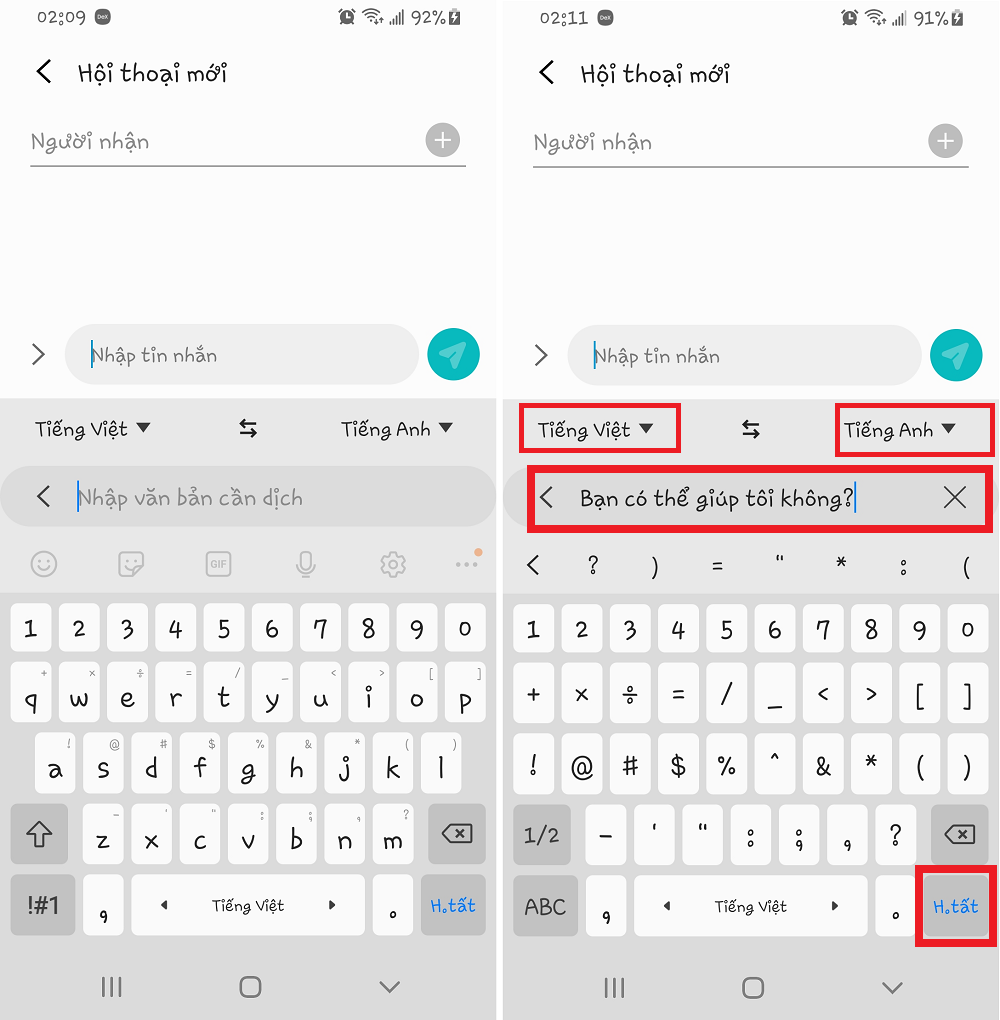 dịch trên bàn phím samsung