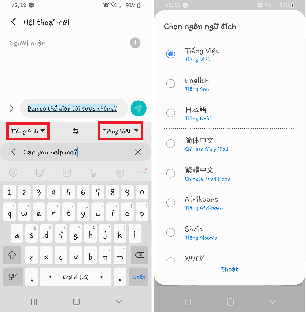 dịch trên bàn phím samsung