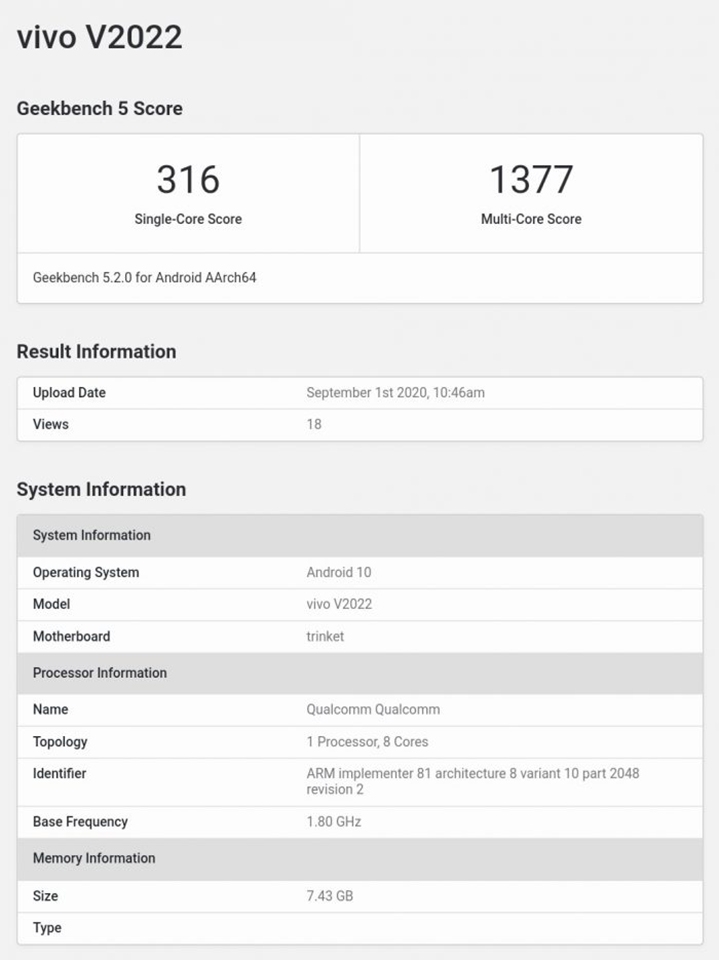 Vivo V20 SE lộ cấu hình trên Geekbench Vivo V20 SE lộ cấu hình trên Geekbench