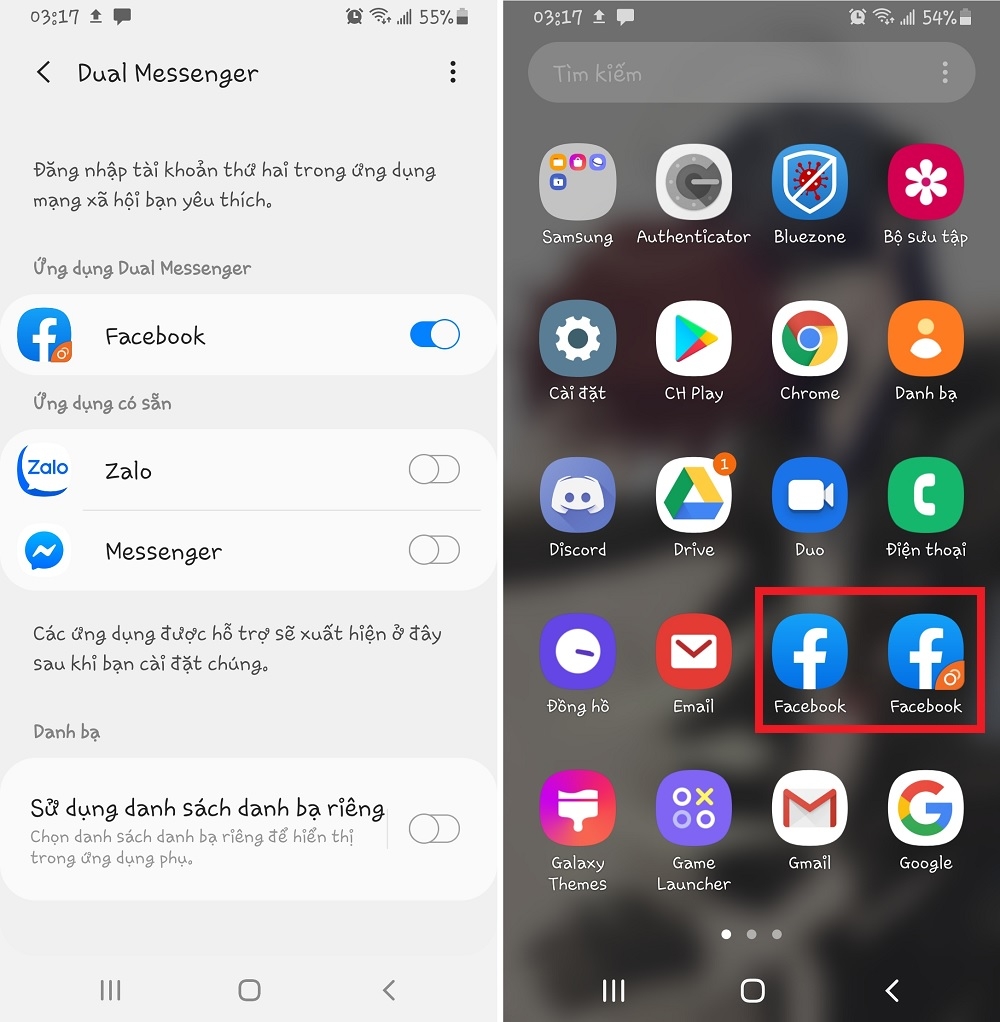 dual messenger trên samsung