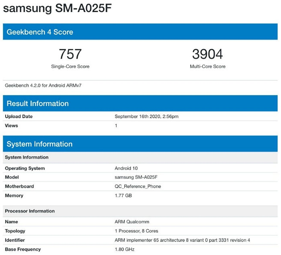 Galaxy A02 lộ cấu hình trên Geekbench