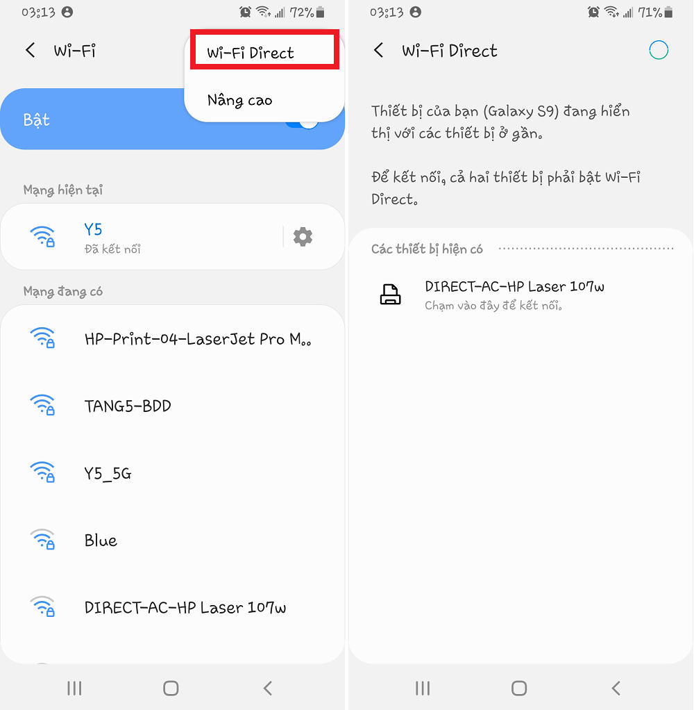 bật wi-fi direct trên android