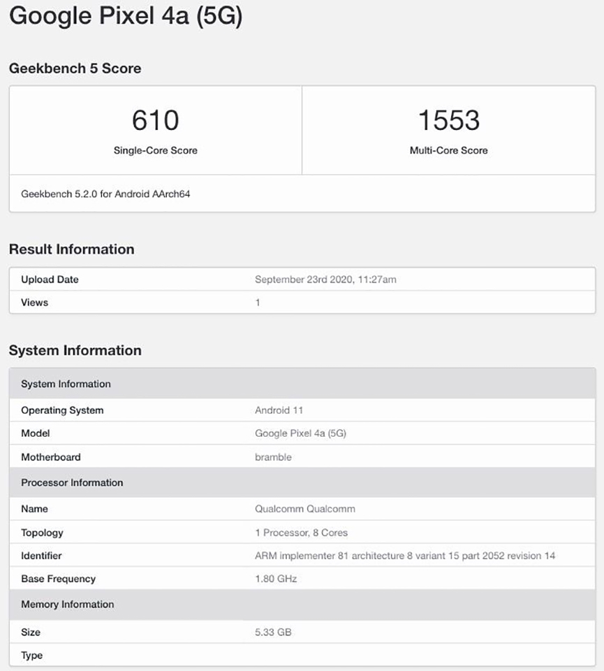 Google Pixel 4a 5G xuất hiện trên Geekbench