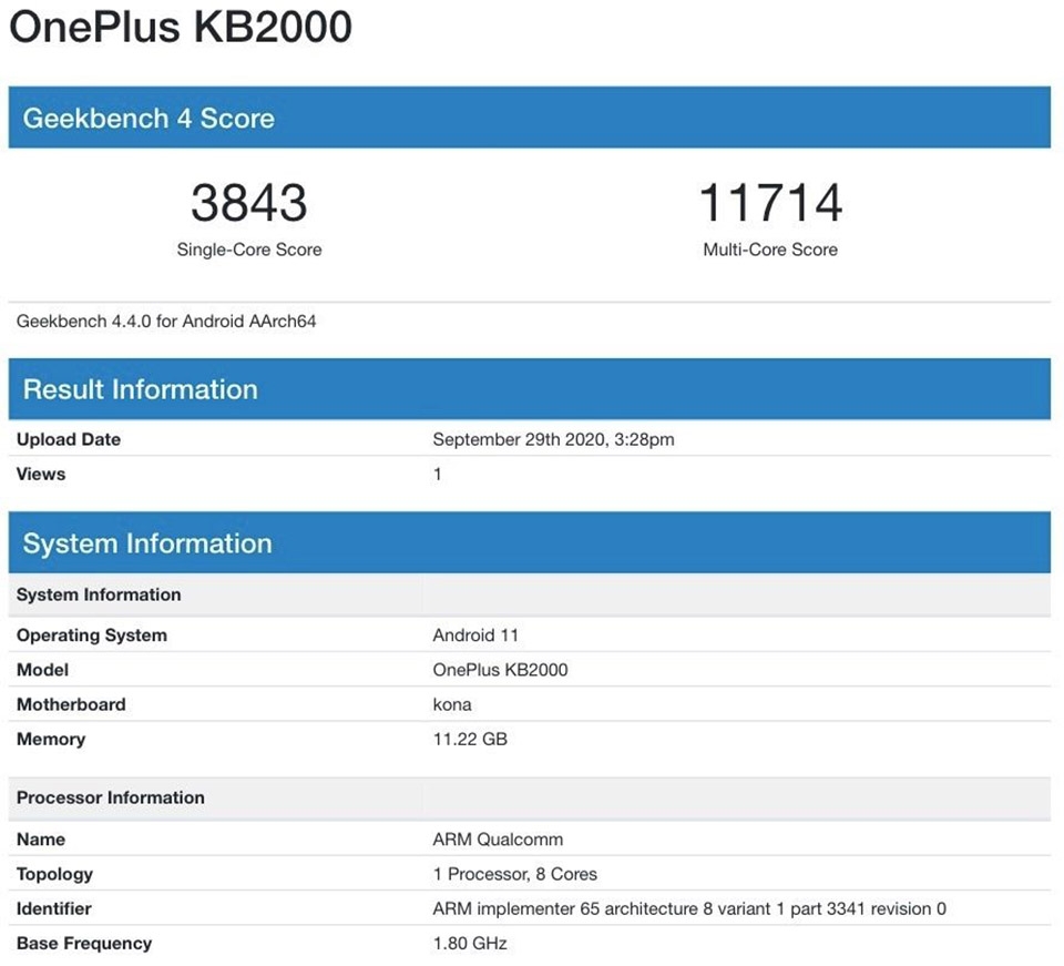 OnePlus 8T lộ cấu hình trên Geekbench