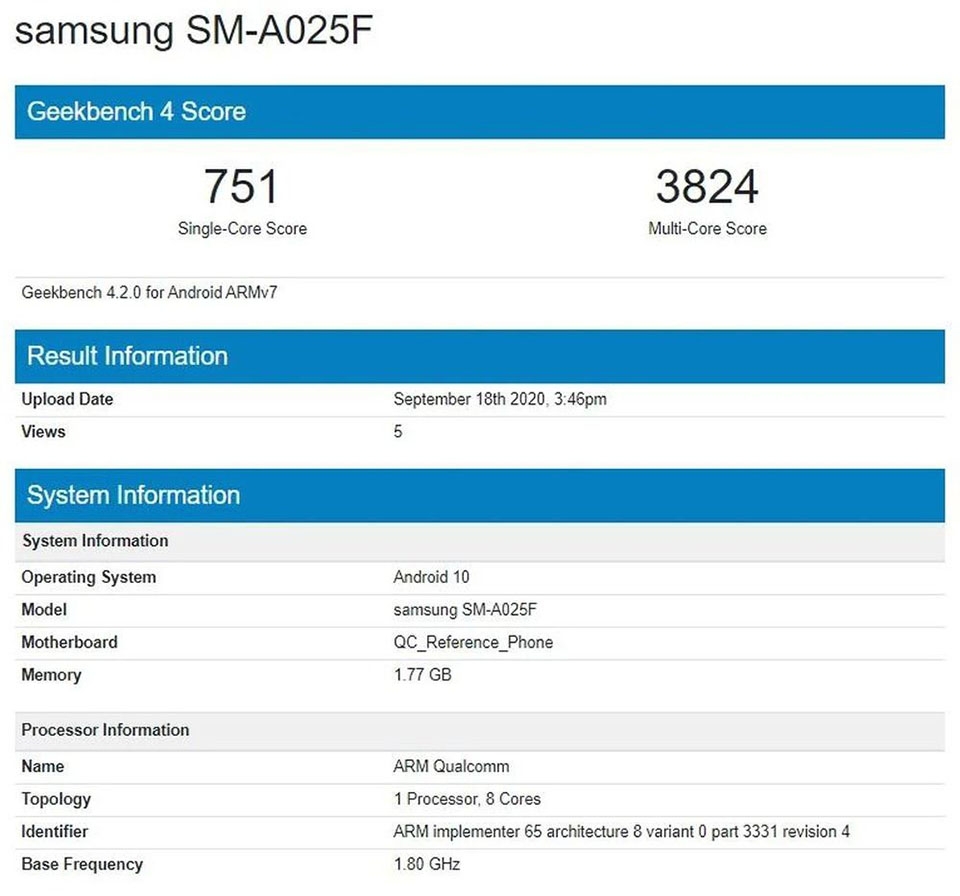 Cấu hình Galaxy M02 xuất hiện trên Geekbench